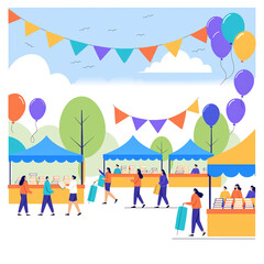 Outdoor market on a summer day with stalls, vendors, and customers. Wooden kiosks offer eco-friendly products, creating a vibrant street fair atmosphere. Cartoon vector illustration.