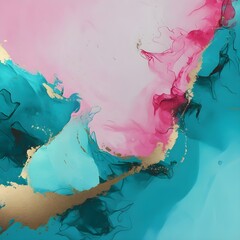 Abstract features vibrant pink hues, soft blue and gold ink swirls dynamic movement