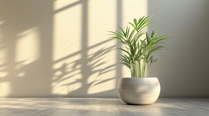Sunlight illuminates a potted plant in a minimalist room