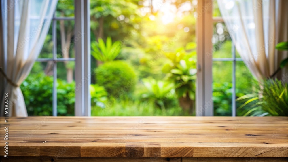 Poster selective focus.empty of wood table top on blur of curtain with window and green from garden backgro