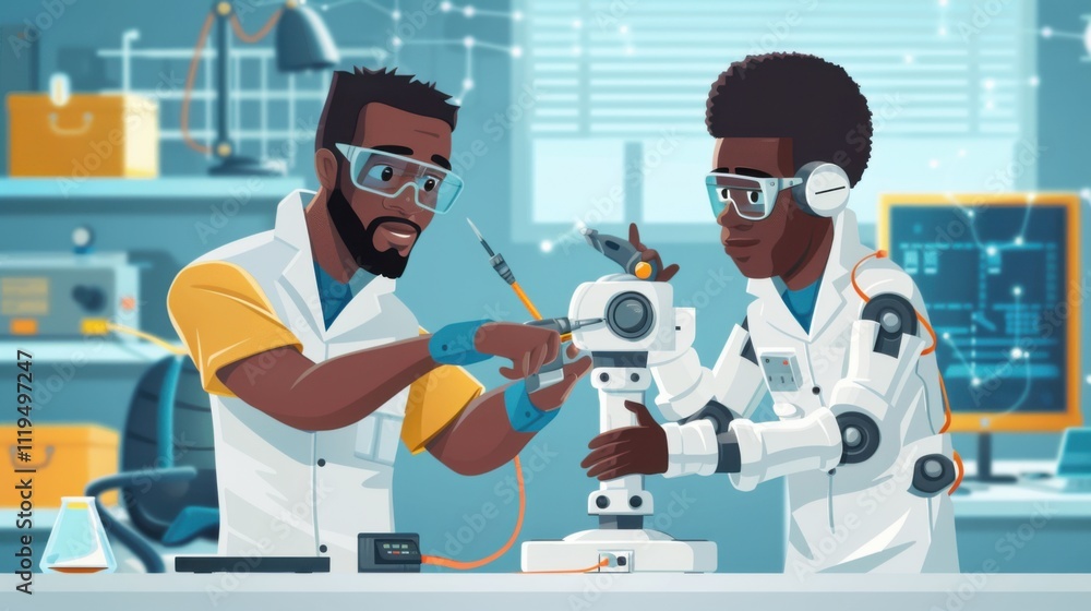 Poster african american engineer repairing robot with tools while his colleague programming it in backgroun
