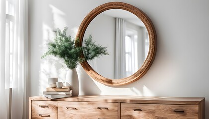 Large mirror near white wall in room. Interior design
