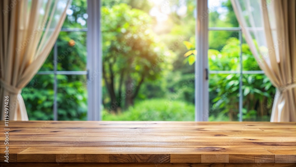 Poster selective focus.empty of wood table top on blur of curtain with window and green from garden backgro