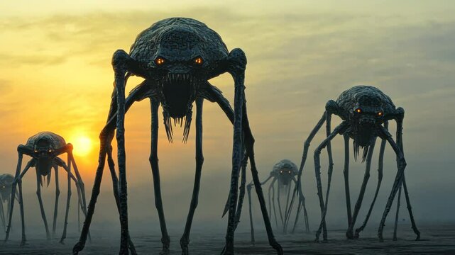 Alien tripod invasion force marching at sunset