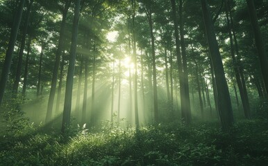 Fototapeta premium Serene Sunlight Filtering Through Lush Green Forest Trees Creating Ethereal Beams in a Tranquil Natural Environment Surrounded by Vibrant Vegetation