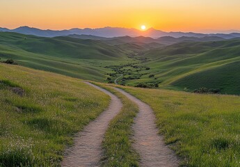 Fototapeta premium Serene Sunset Overrolling Hills with Winding Pathway Leading Through Lush Green Fields and Expansive Mountain Range in the Horizon