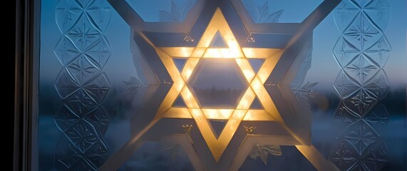 A background of a Jewish Star of David etched into a frosted windowpane illuminated by morning light