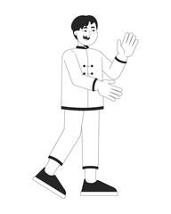 Chinese boy child in traditional tang suit clapping excited black and white 2D line character. Asian cute kid in oriental costume isolated vector outline person. Monochromatic spot illustration