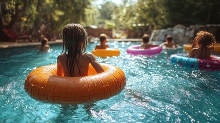 A group of children enjoying a sunny day in a swimming pool, floating on inflatable rings. They are seen from behind, highlighting their playful moments.