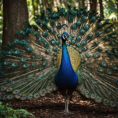 Obraz premium A vibrant peacock spreading its shimmering tail feathers in a lush forest.