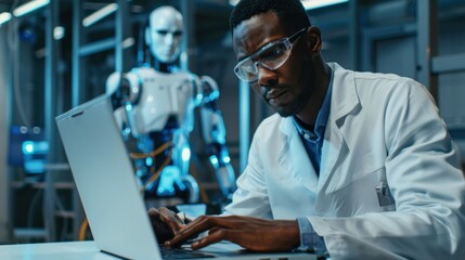 African american engineer using laptop to maintenance artificial intelligence neural networks made up of interconnected nodes layers ,aiding in processing and transmitting information