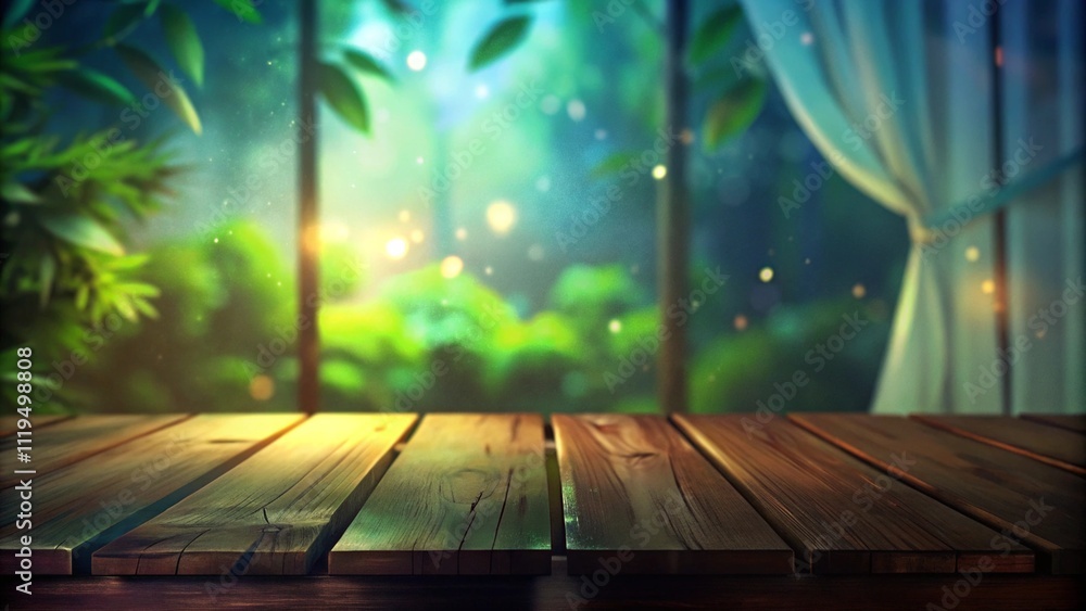 Poster selective focus.empty of wood table top on blur of curtain with window and green from garden backgro