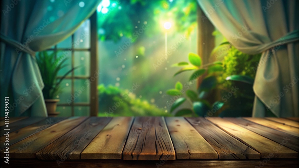 Poster selective focus.empty of wood table top on blur of curtain with window and green from garden backgro