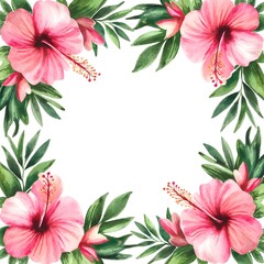 Obraz premium Botanical hibiscus flowers greenery Flame, tropical floral border on white, vibrant and fresh for wedding invitations