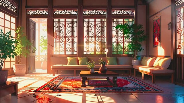 Cartoon anime cozy living room interior with a middle-eastern style.seamless looping 4k time-lapse video background