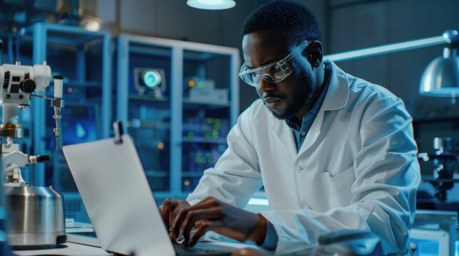 African american engineer using laptop to maintenance artificial intelligence neural networks made up of interconnected nodes layers ,aiding in processing and transmitting information