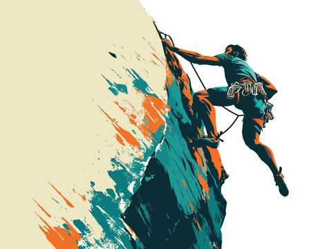 Rock Climber Scaling a Cliff with Dynamic Colors - Adventure Illustration