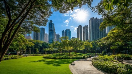 Wide Angle View of Tranquil Park Surrounded by Urban Diversity