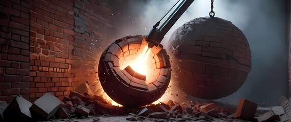 A dramatic depiction of a wrecking ball demolishing an old brick wall captured midimpact with vivid debris