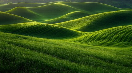 Rolling green hills bathed in sunlight, showcasing the texture and undulation of the landscape.