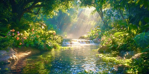 Stream of water flows through a lush green forest