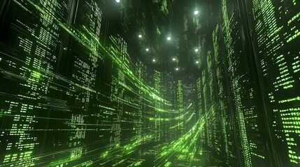 Futuristic digital city glowing green at night.  Data streams flow through a network of servers.