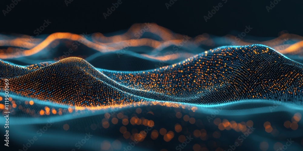 Poster A dynamic array of luminous blue and orange particles form soft, undulating waves in a dark space. Perfect for tech-oriented designs, futuristic interfaces, or abstract visuals.