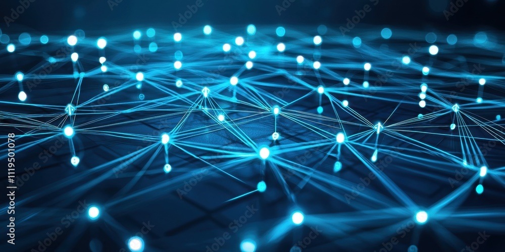 Poster A complex web of luminous blue nodes linked by delicate lines floats in a dark environment, symbolizing advanced technology, innovation, connectivity, and digital communication.