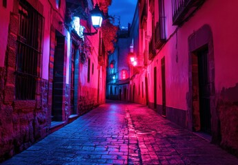 Obraz premium Vibrant Night Scene in a Narrow Alleyway with Colorful Neon Lights Reflecting on Cobblestone Path in a Historic Latin American Town