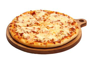 Cheesy pizza on a wooden board isolated on transparent background Png	