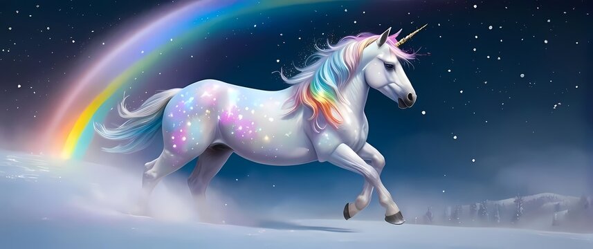 A pastel sketch of a unicorn with a rainbow mane dancing under a sparkling winter sky with snowflakes shaped like stars