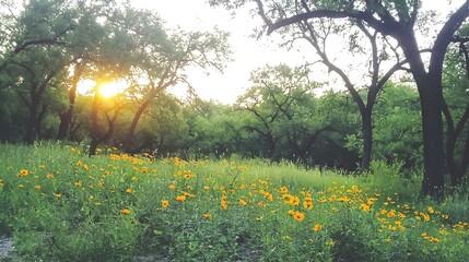 Obraz premium Sunset illuminating yellow wildflowers in a field, framed by lush green trees. Serene nature scene.