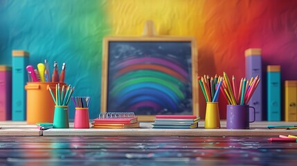 Office and school supplies on black board background, School accessories are laid out in the form of a rainbow.
