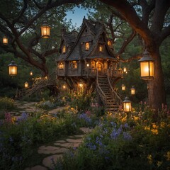 "A fairytale garden with a whimsical treehouse, glowing lanterns, and a carpet of wildflowers."

