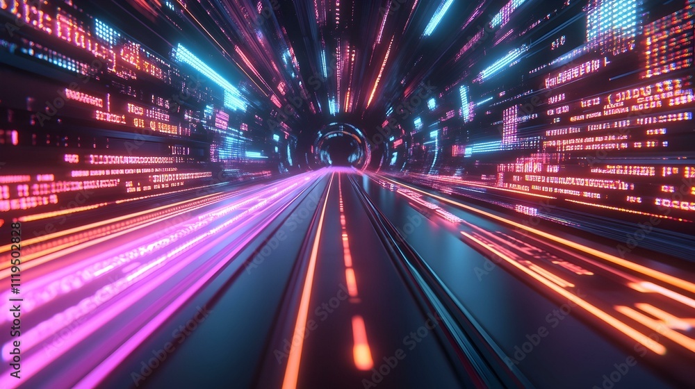 Poster futuristic neon tunnel with glowing lines and digital code. perfect for backgrounds, technology, and