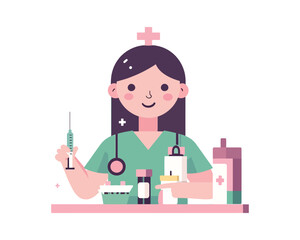Smiling Nurse Holding Syringe and Medical Supplies in a Flat Vector Illustration