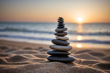 Fototapeta premium A neat stack of smooth pebbles on a sandy beach, showcasing natural tones of gray and beige. The tranquil scene features a blurred horizon and soft light, evoking calm and minimalist balance.