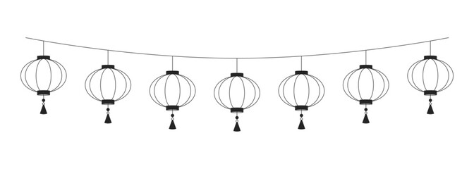 Paper lanterns hanging on string black and white 2D line object. Lunar new year decoration. Lantern festival. Chinese ornaments isolated clip art vector outline item. Monochromatic spot illustration