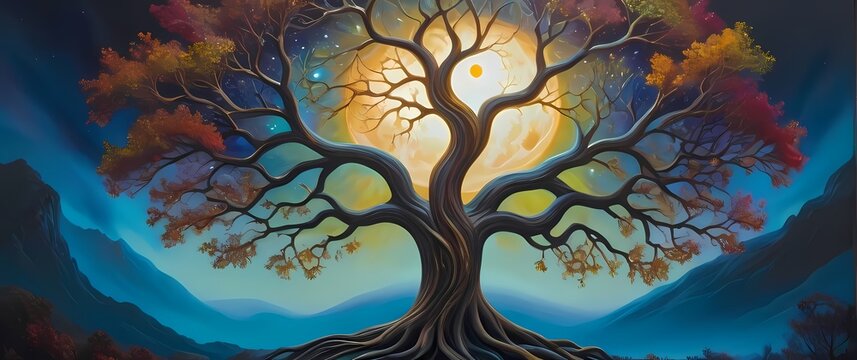 A vibrant oil painting of a Kabbalistic tree of life symbol glowing softly under a full moon