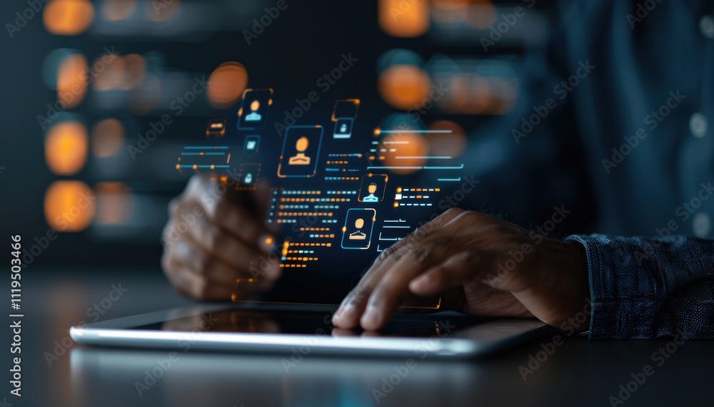 Poster a close-up of hands interacting with a tablet, a business executive reviewing cybersecurity protocol