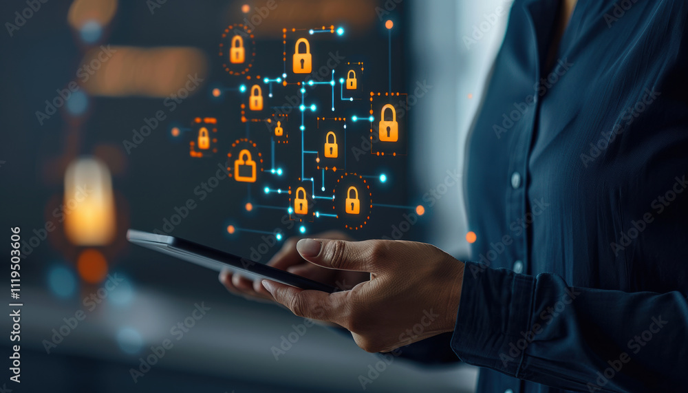 Poster a person interacting with a mobile device, a business executive reviewing cybersecurity protocols on
