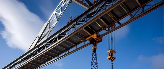 A wallpaper of a construction crane lifting steel beams into place framed by wispy clouds in a vivid blue sky