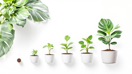 Obraz premium Growth stages of potted plants in white pots on a minimalist background