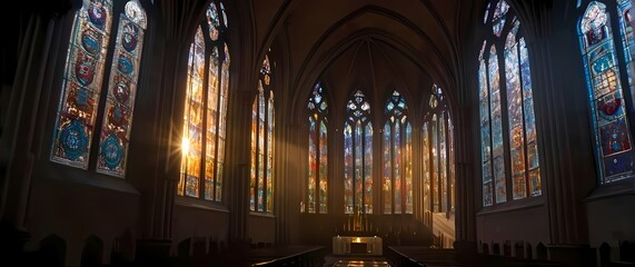 Naklejka premium A wallpaper of a grand cathedrals stained glass windows glowing brightly as sunlight filters through