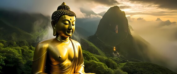 A wallpaper of a massive golden Buddha statue towering over a lush green valley under dramatic skies