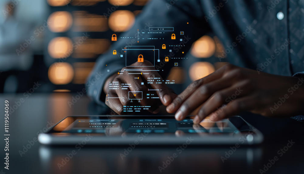 Poster person using a digital tablet with security icons, showcasing modern technology and data protection,