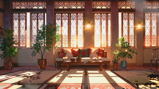 Cartoon anime cozy living room interior with a middle-eastern style.seamless looping 4k time-lapse video background
