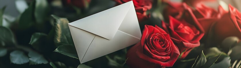 A beautiful arrangement of red roses with a white envelope, symbolizing love and romance, perfect for Valentine's Day or special occasions.