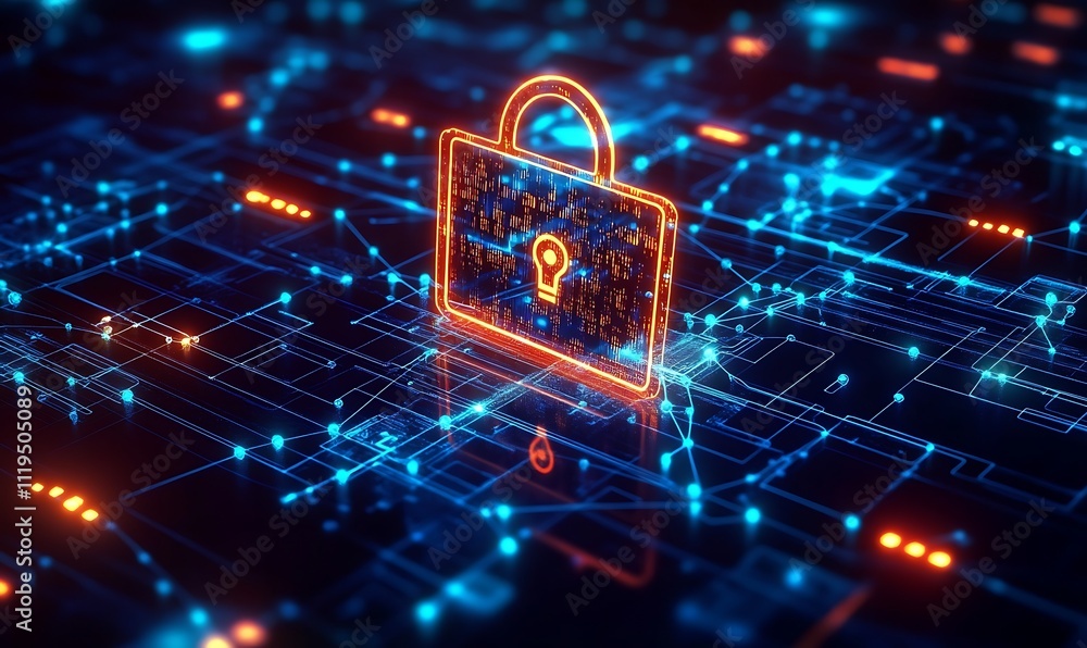 Poster digital data protection and cyber security concept illustration with glowing network connections, ge