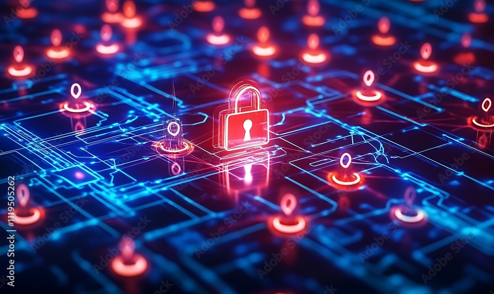 Poster digital data protection and cyber security concept illustration with glowing network connections, ge